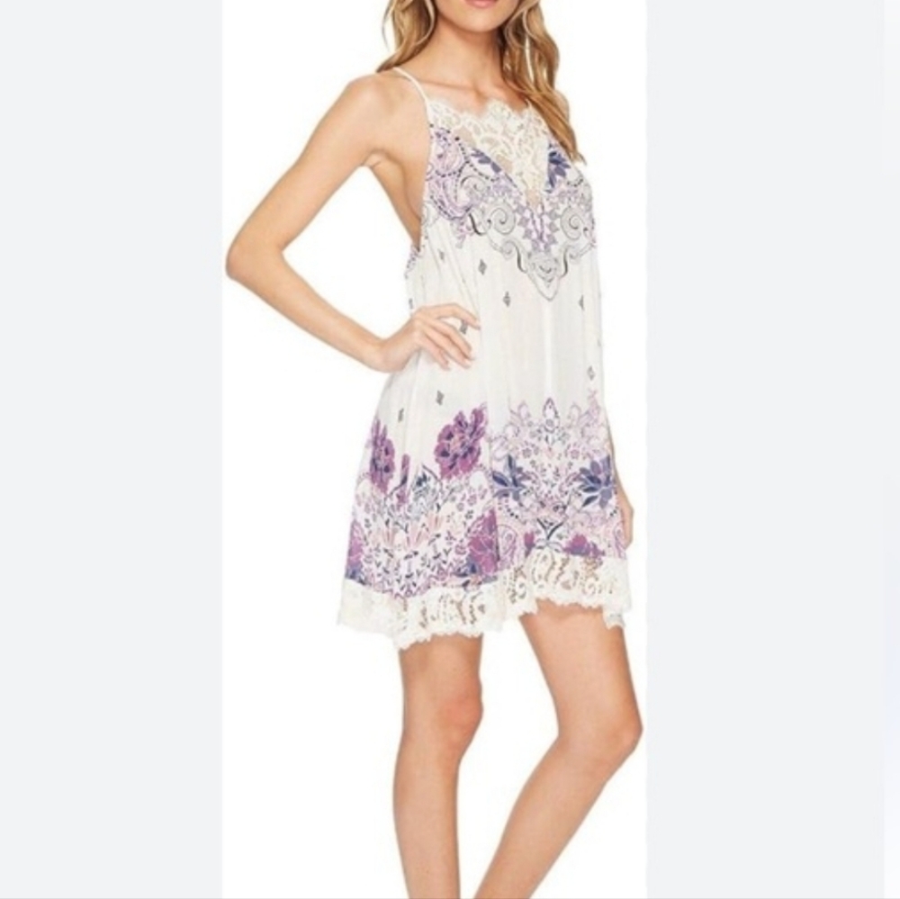 Free People Who's Sorry Now Printed Mini Slip Dress Sleeveless Lace Ivory XS NWT - Picture 13 of 16